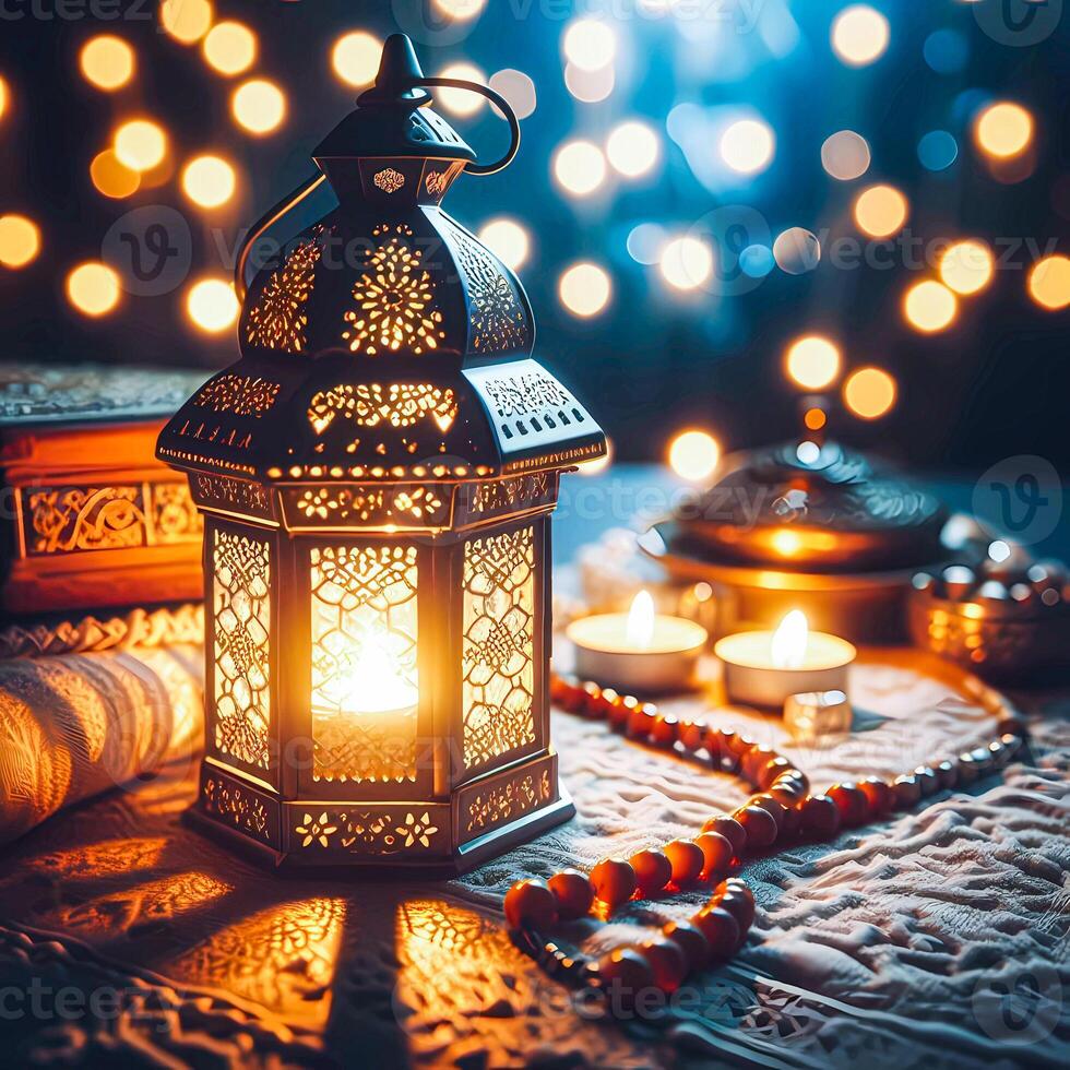 AI generated Generative AI Image of Mosque Islamic Lanterns with Burning Candle photo