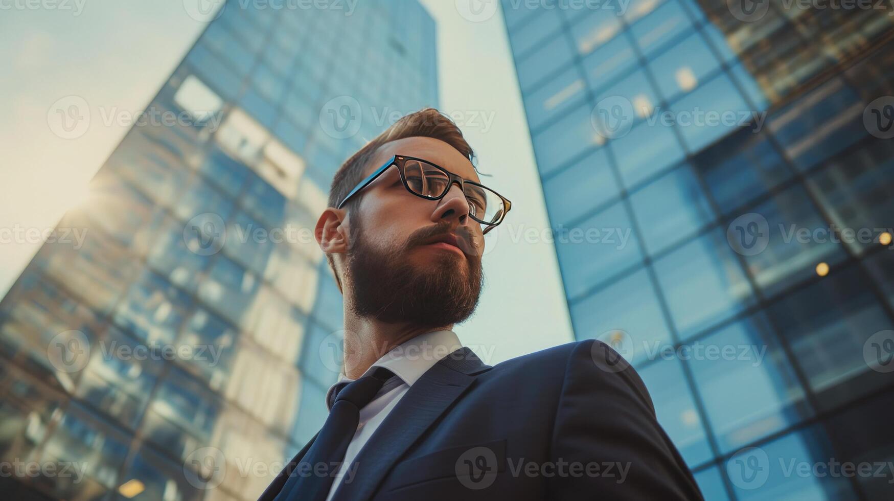 AI generated man in business suit standing in front of a big office building photo