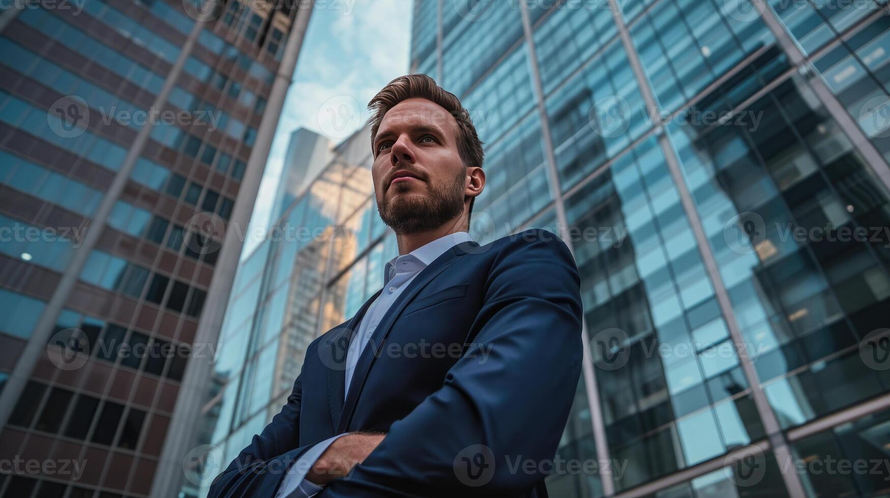 AI generated man in business suit standing in front of a big office building photo