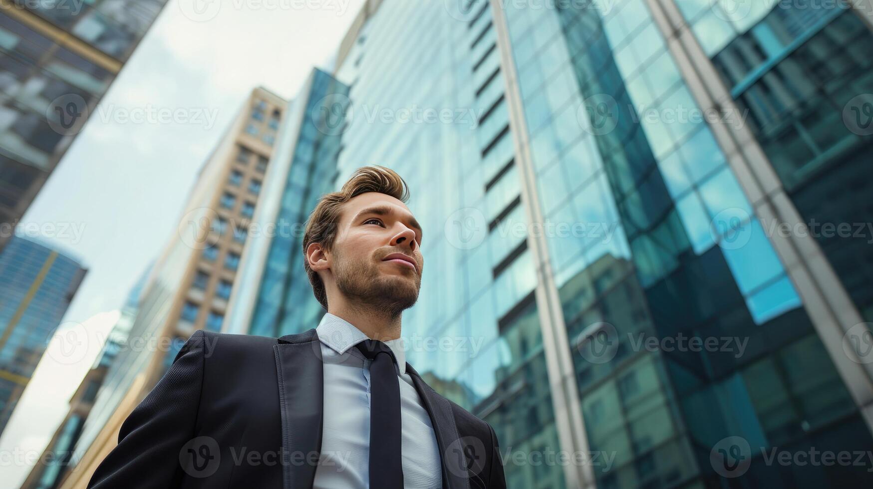 AI generated man in business suit standing in front of a big office building photo