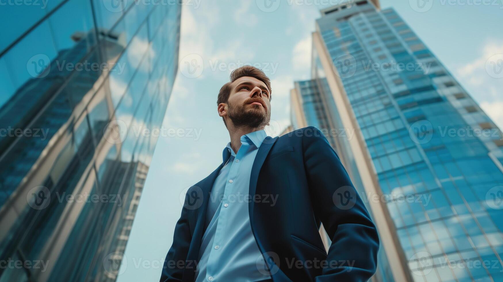 AI generated man in business suit standing in front of a big office building photo