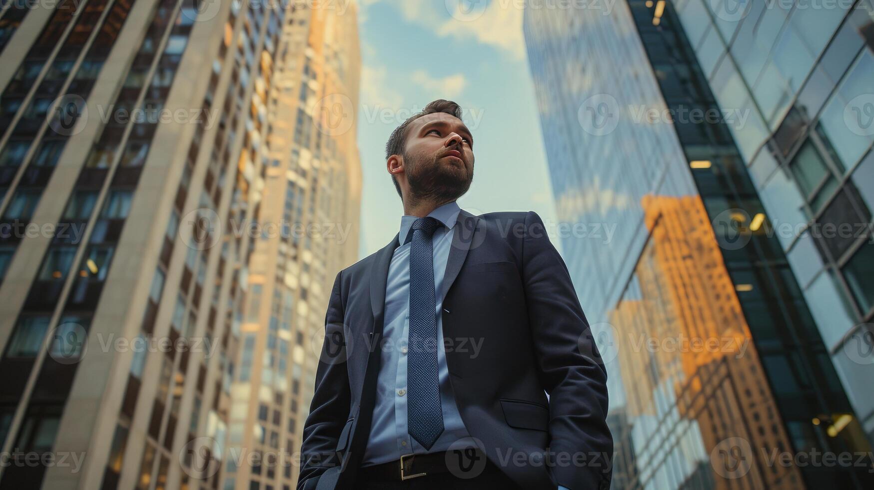 AI generated man in business suit standing in front of a big office building photo