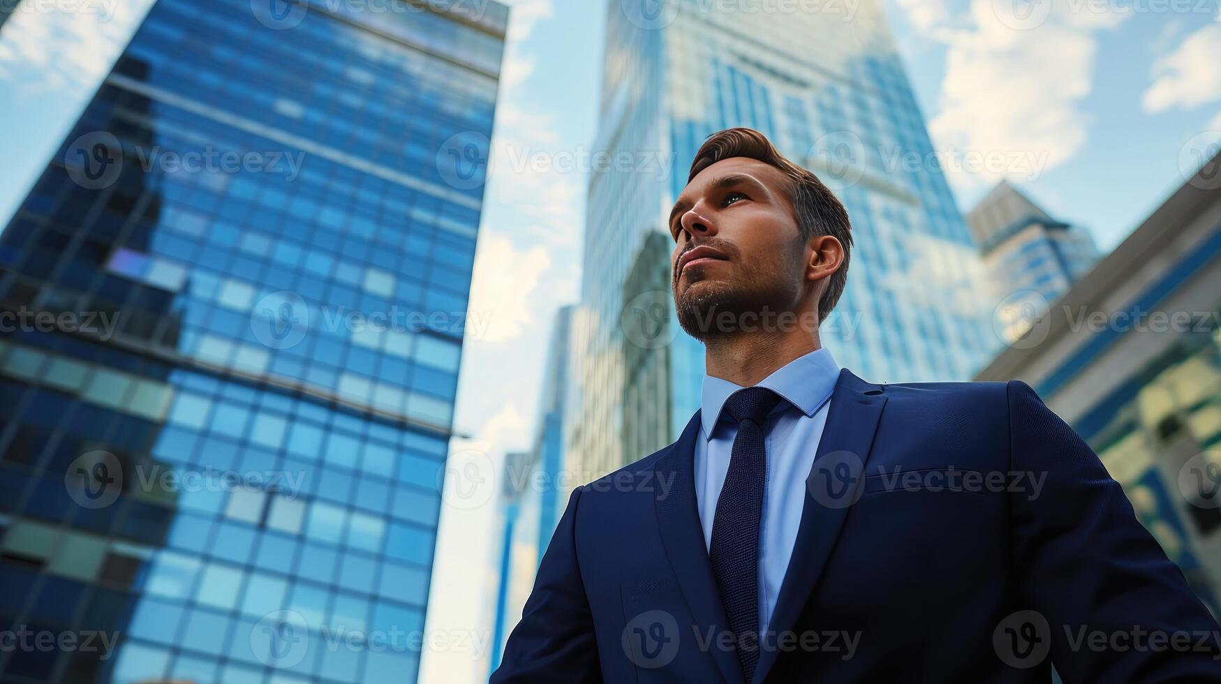 AI generated man in business suit standing in front of a big office building photo
