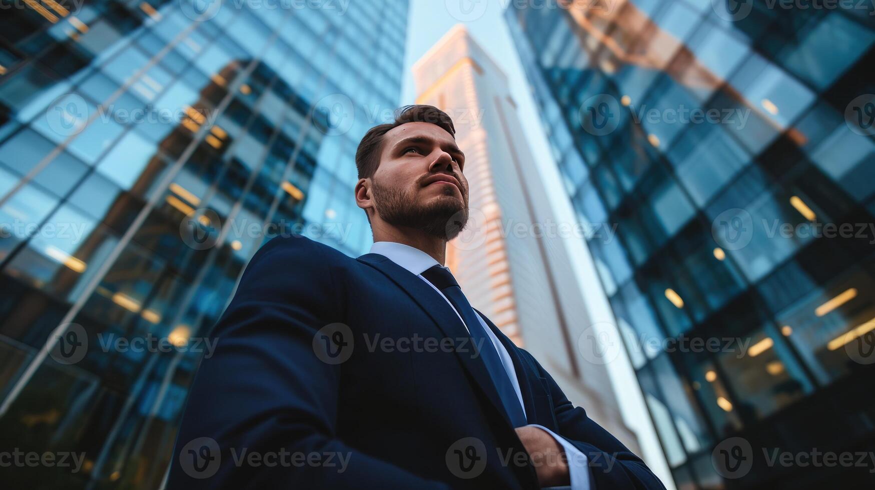 AI generated man in business suit standing in front of a big office building photo
