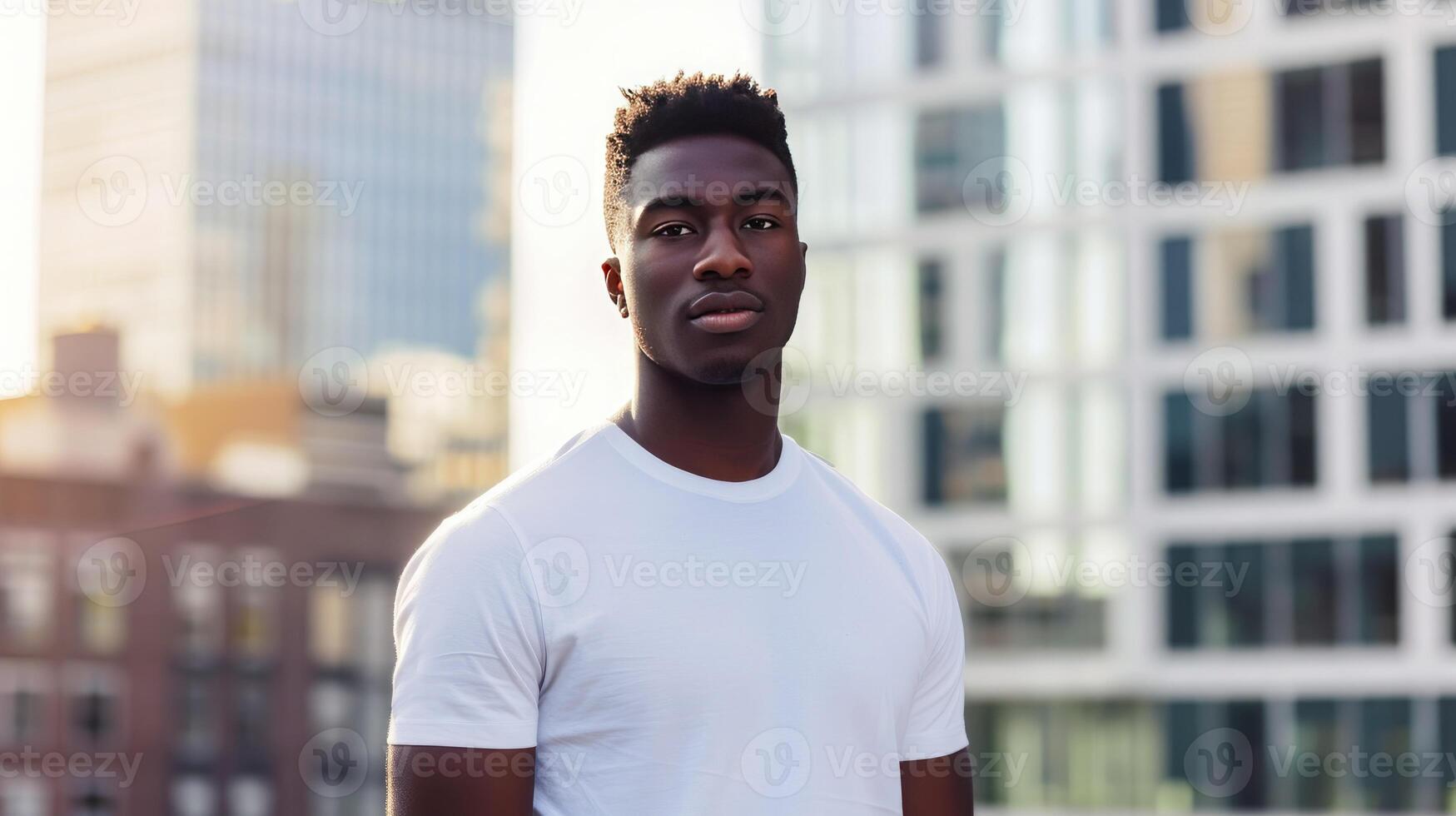 AI generated attractive black man with blank tshirt for mockup with city background photo