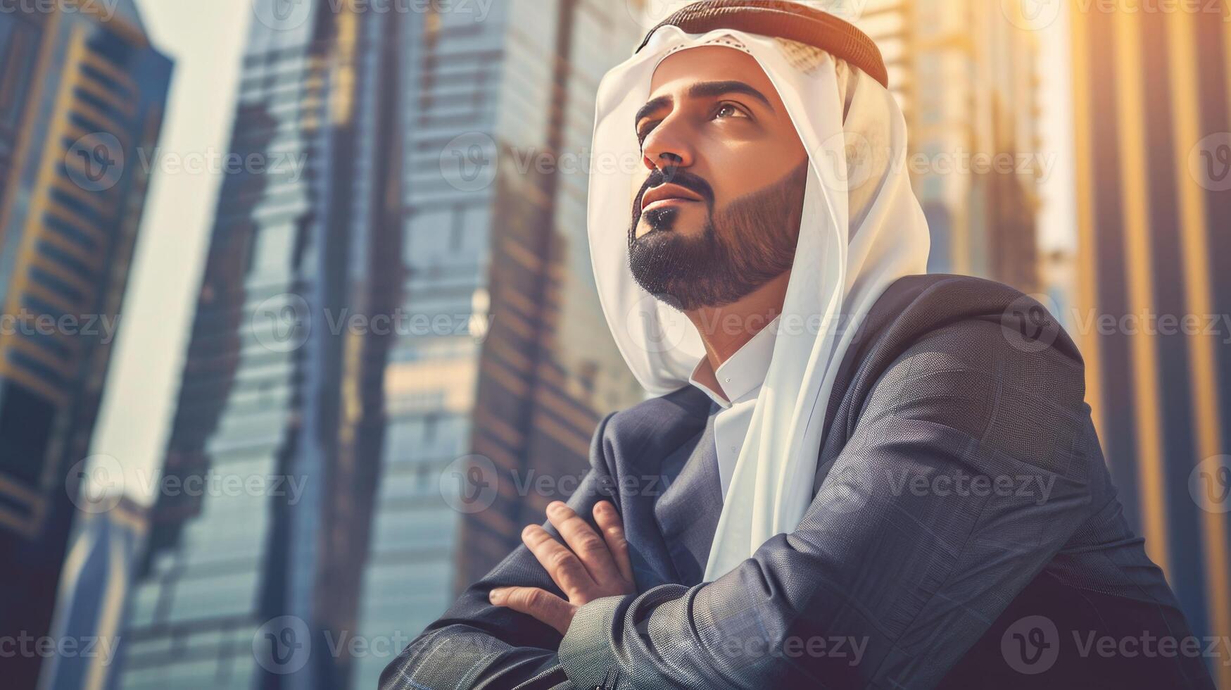 AI generated a succesfull arab businessman with out of focus city buildings in the background photo