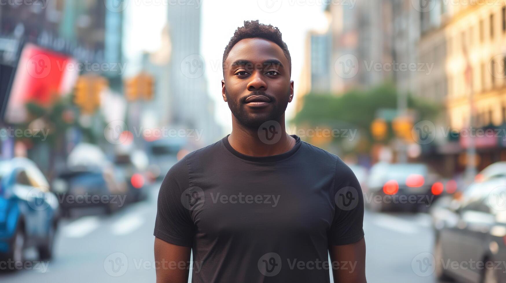 ai generado atractivo negro hombre con blanco camiseta para Bosquejo con ciudad antecedentes foto