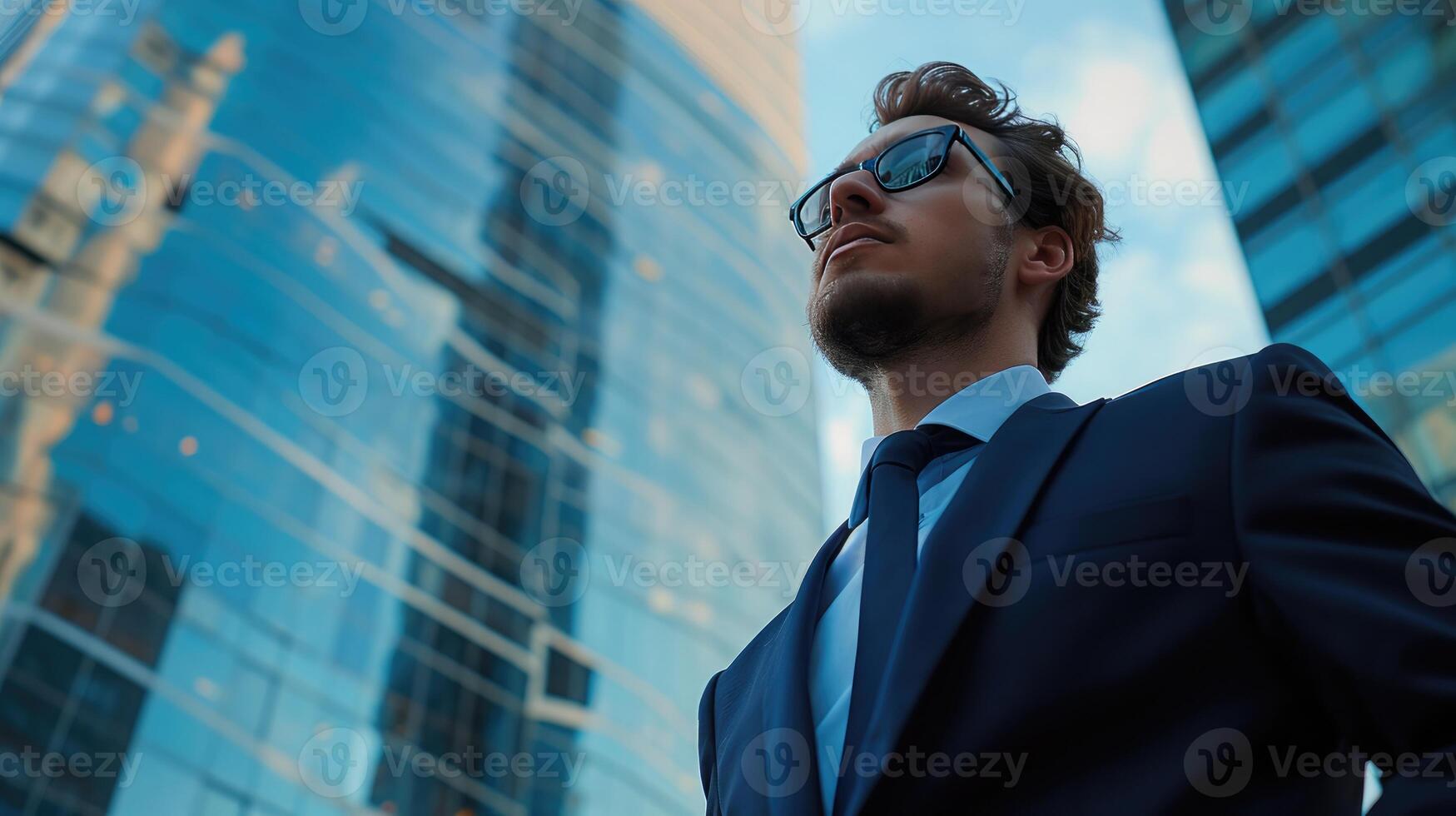 AI generated man in business suit standing in front of a big office building photo