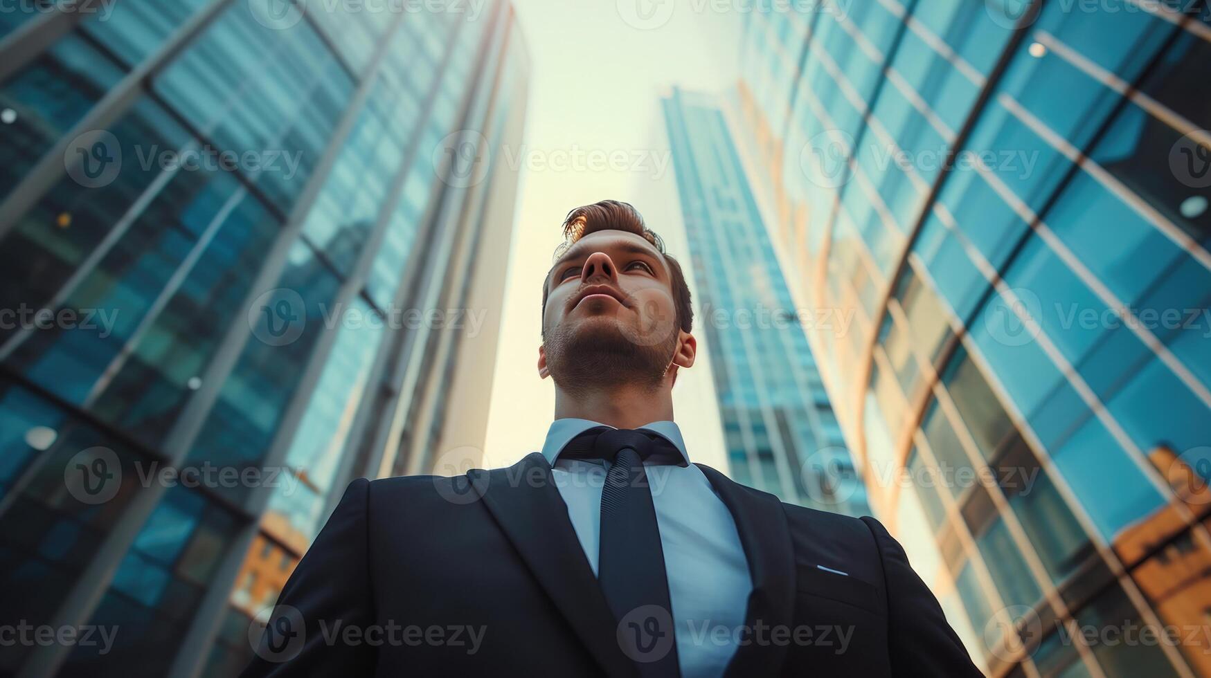 AI generated man in business suit standing in front of a big office building photo