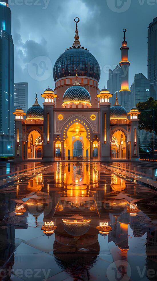 AI generated Beautiful mosque in the middle of the city at night. Islamic Background photo