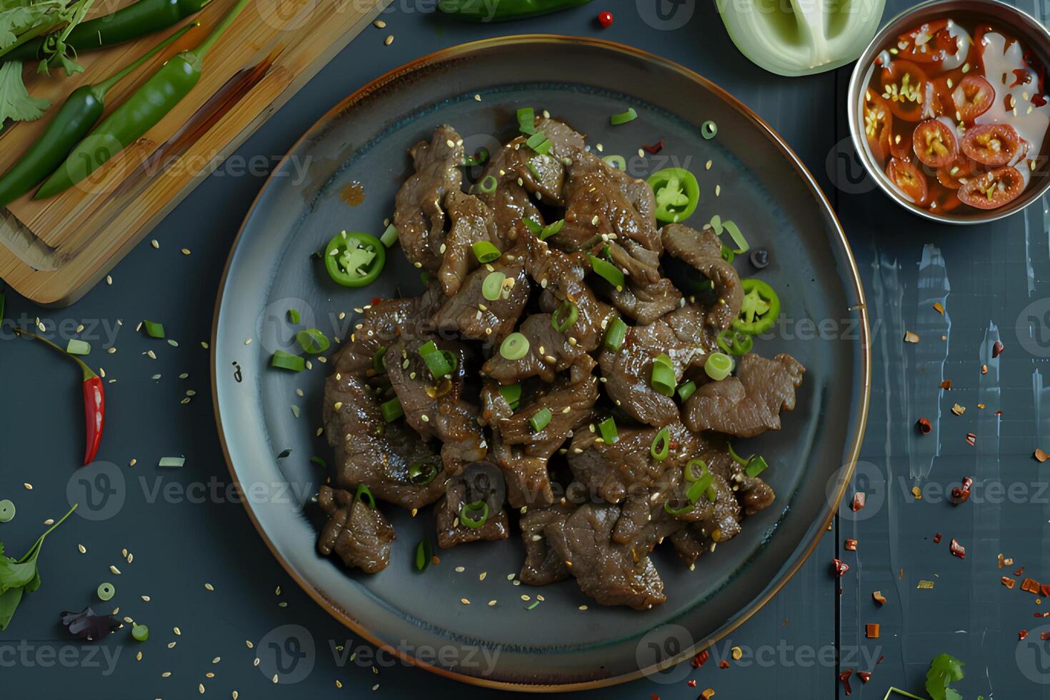 AI generated Bulgogi served on a plate isolated on black background photo