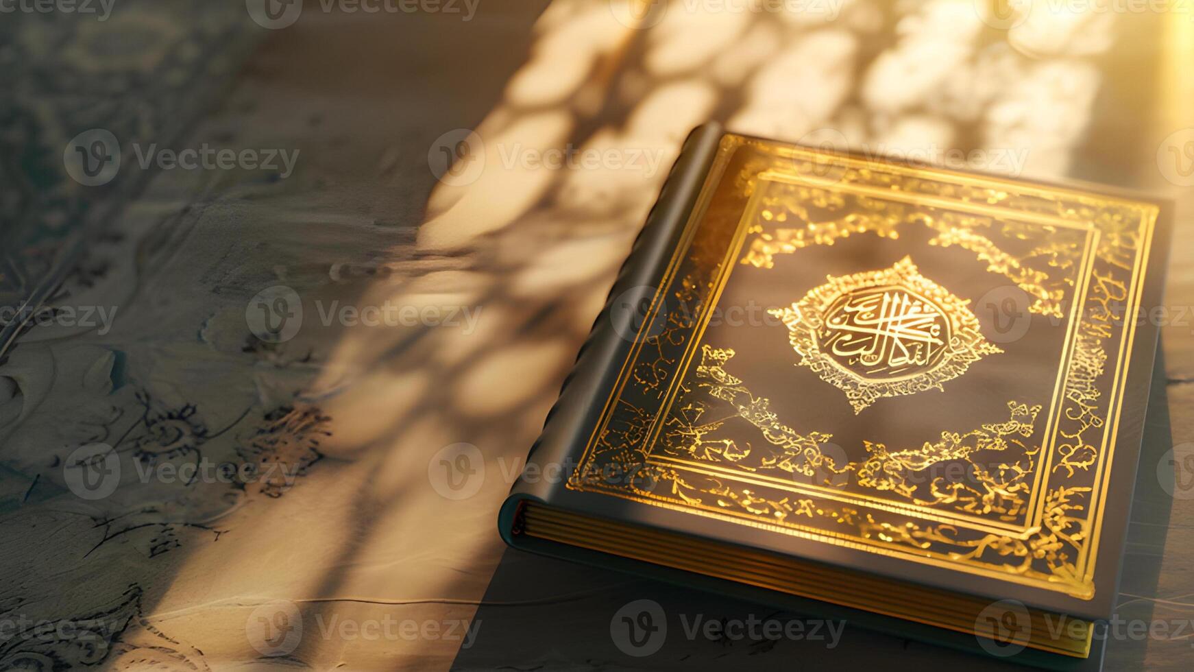 AI generated Islamic Ramadan Kareem background with copy space area. Quran - holy book of Muslims photo