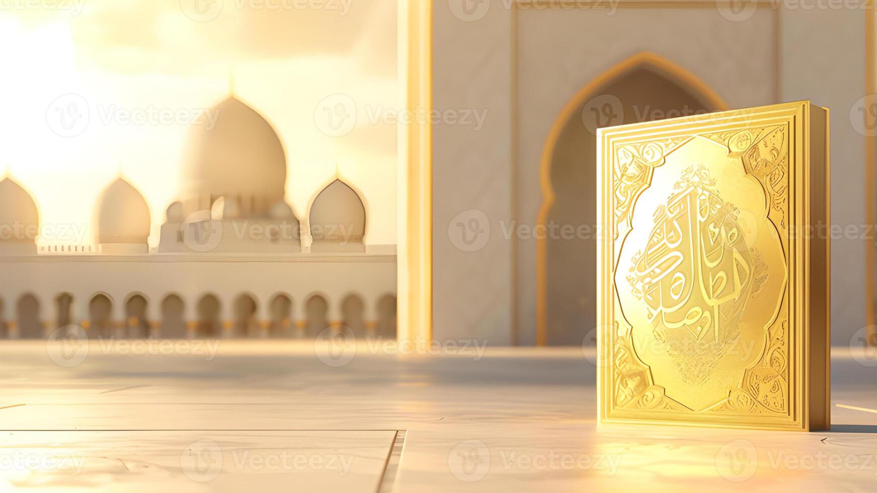 AI generated Islamic Ramadan Kareem background with copy space area. Quran - holy book of Muslims photo