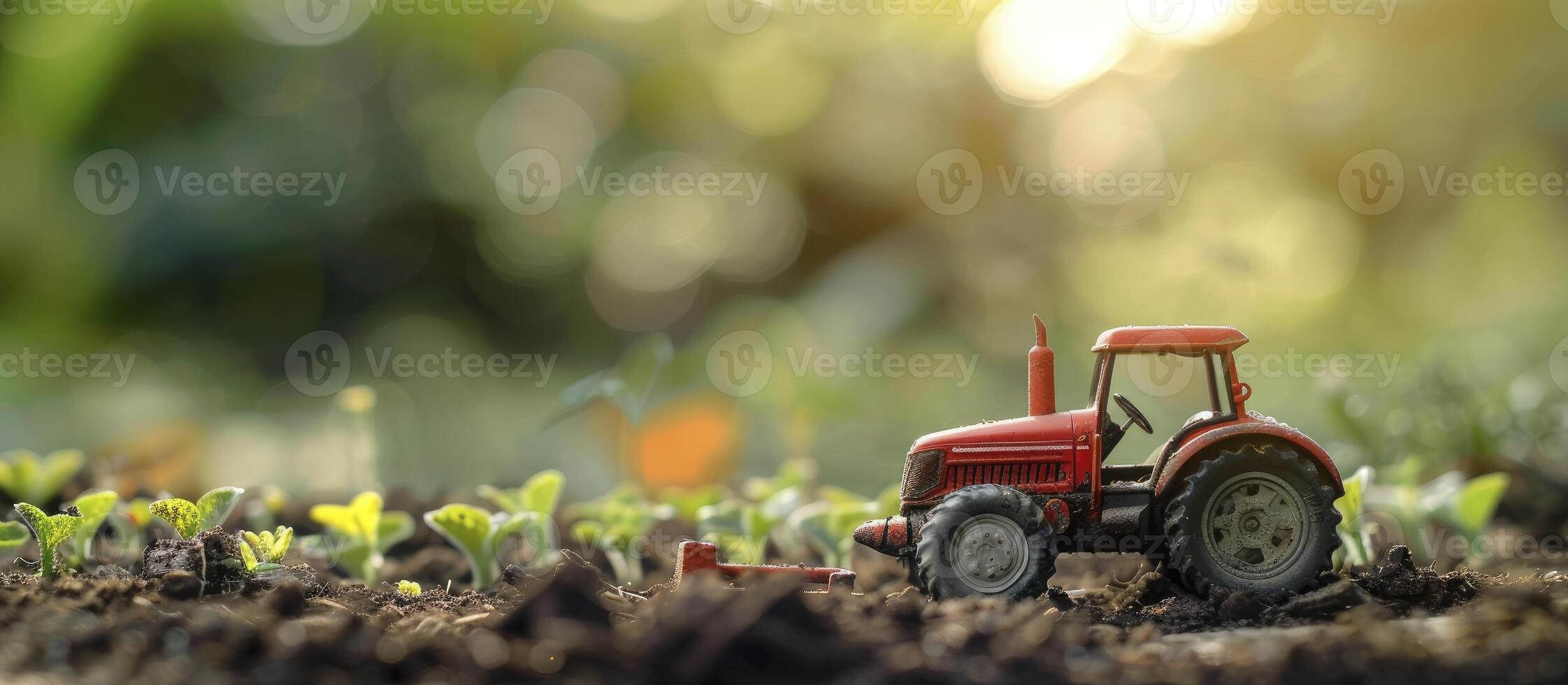 AI generated Model Tractor on a Miniature Farm, A Captivating Scene with Ample Copy Space. photo