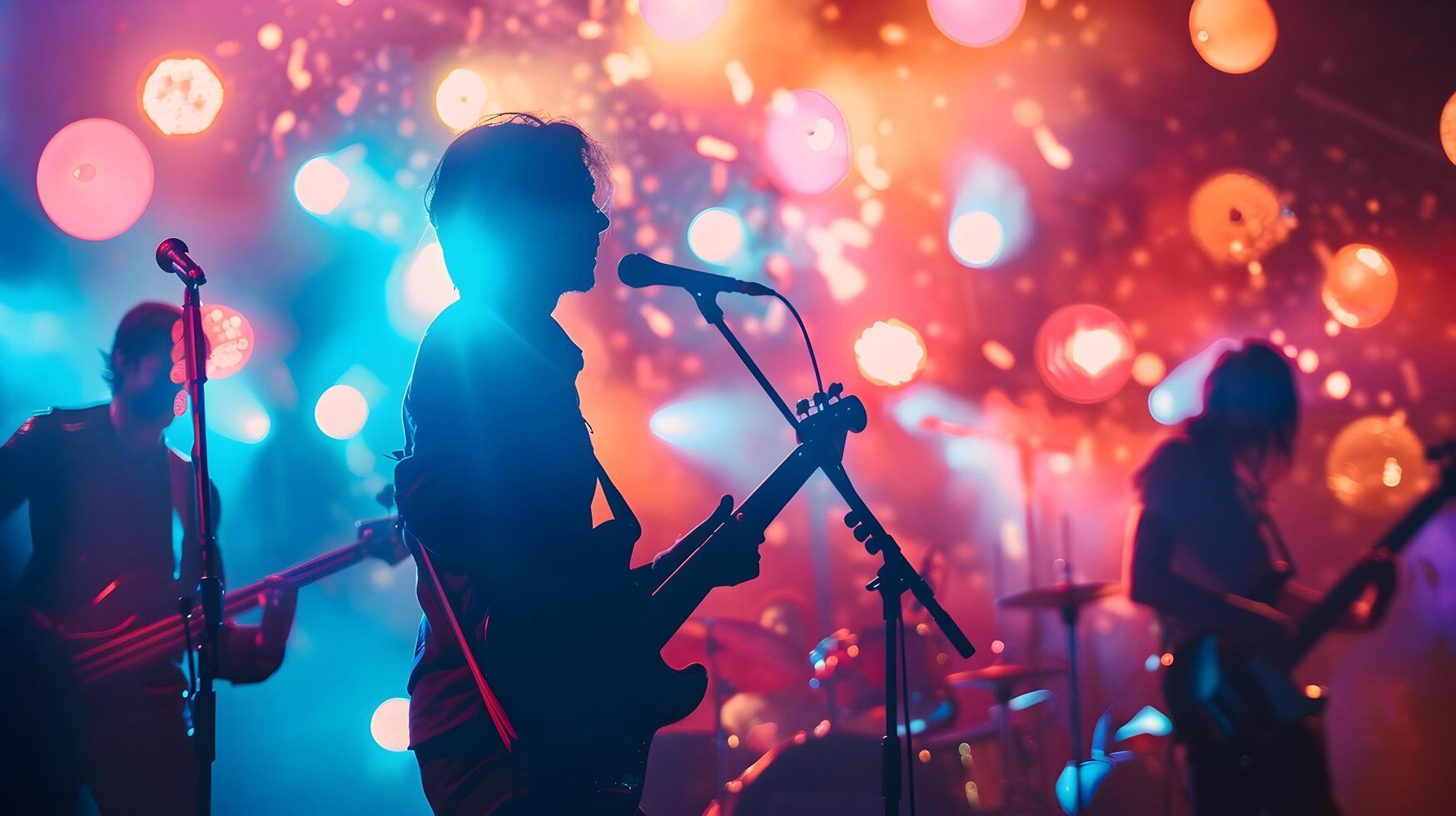 ai generado vistoso concierto Encendiendo con rock músicos en juguetón estilo foto