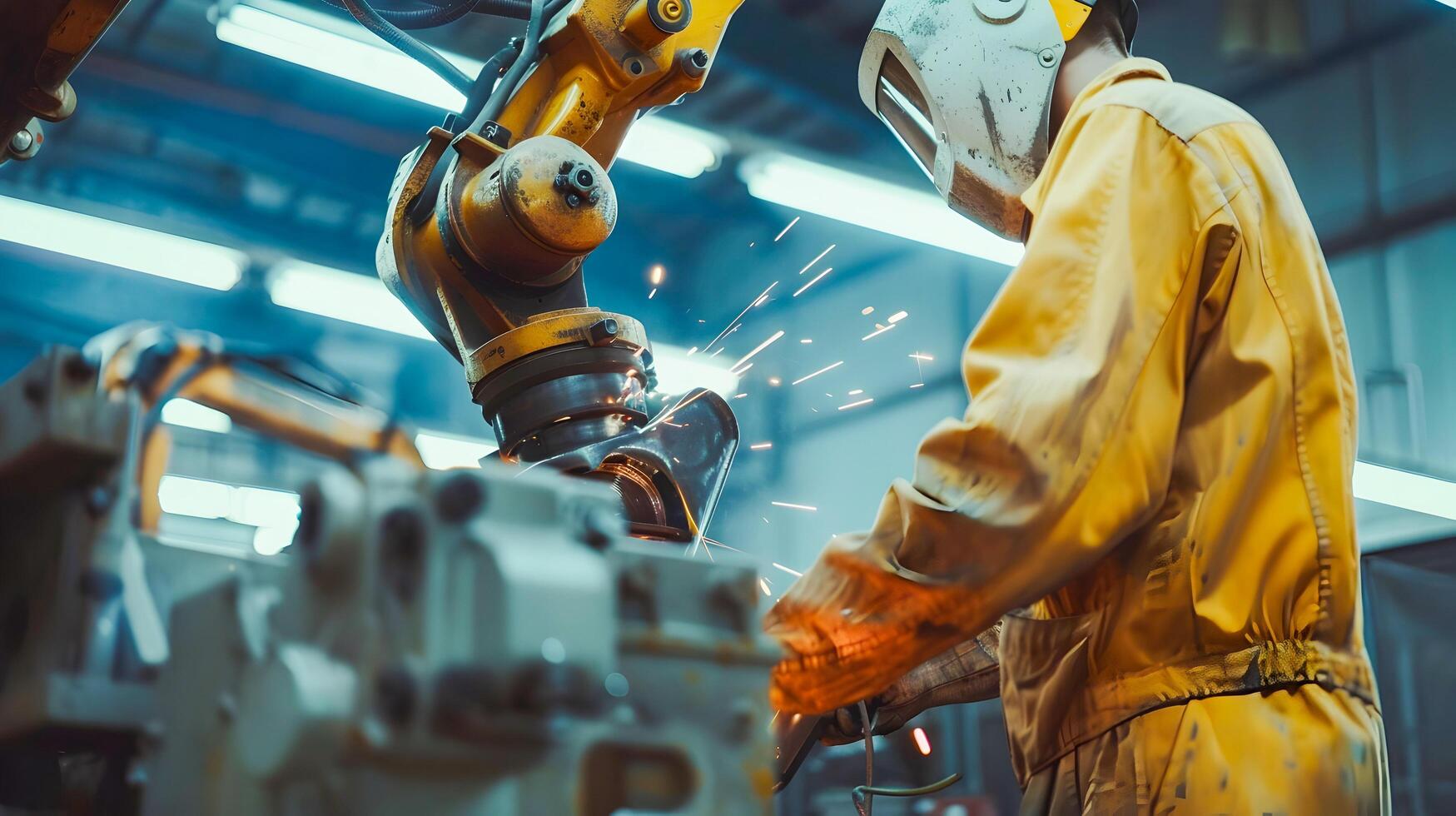 AI generated Engineer Checking and Controlling Automated Welding Robot in Industrial Factory photo