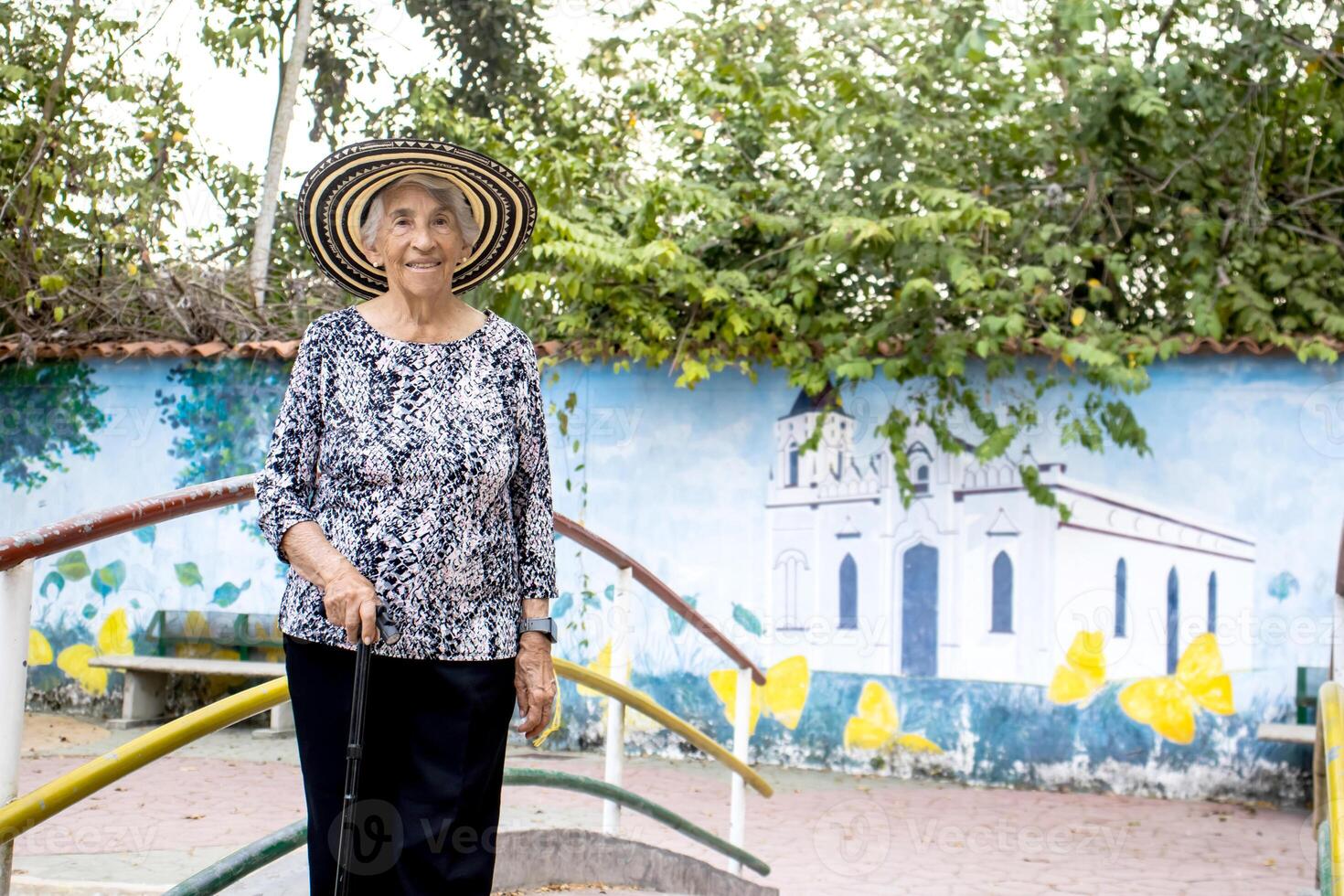 Senior woman tourist at the Macondo Linear Park in Aracataca the birthplace of the Colombian Literature Nobel Prize Gabriel Garcia Marquez photo