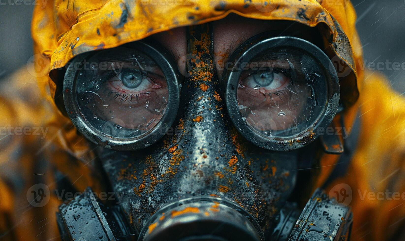 AI generated Close-up of a person in a gas mask with raindrops on the visor photo