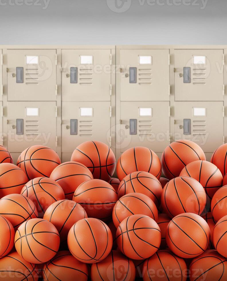 Stack of basketball balls inside the gym photo