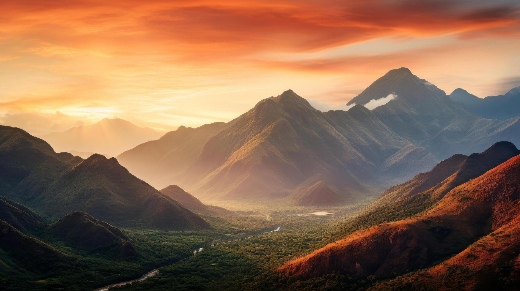 AI generated Wide angle shot of mountain scenery at dawn photo