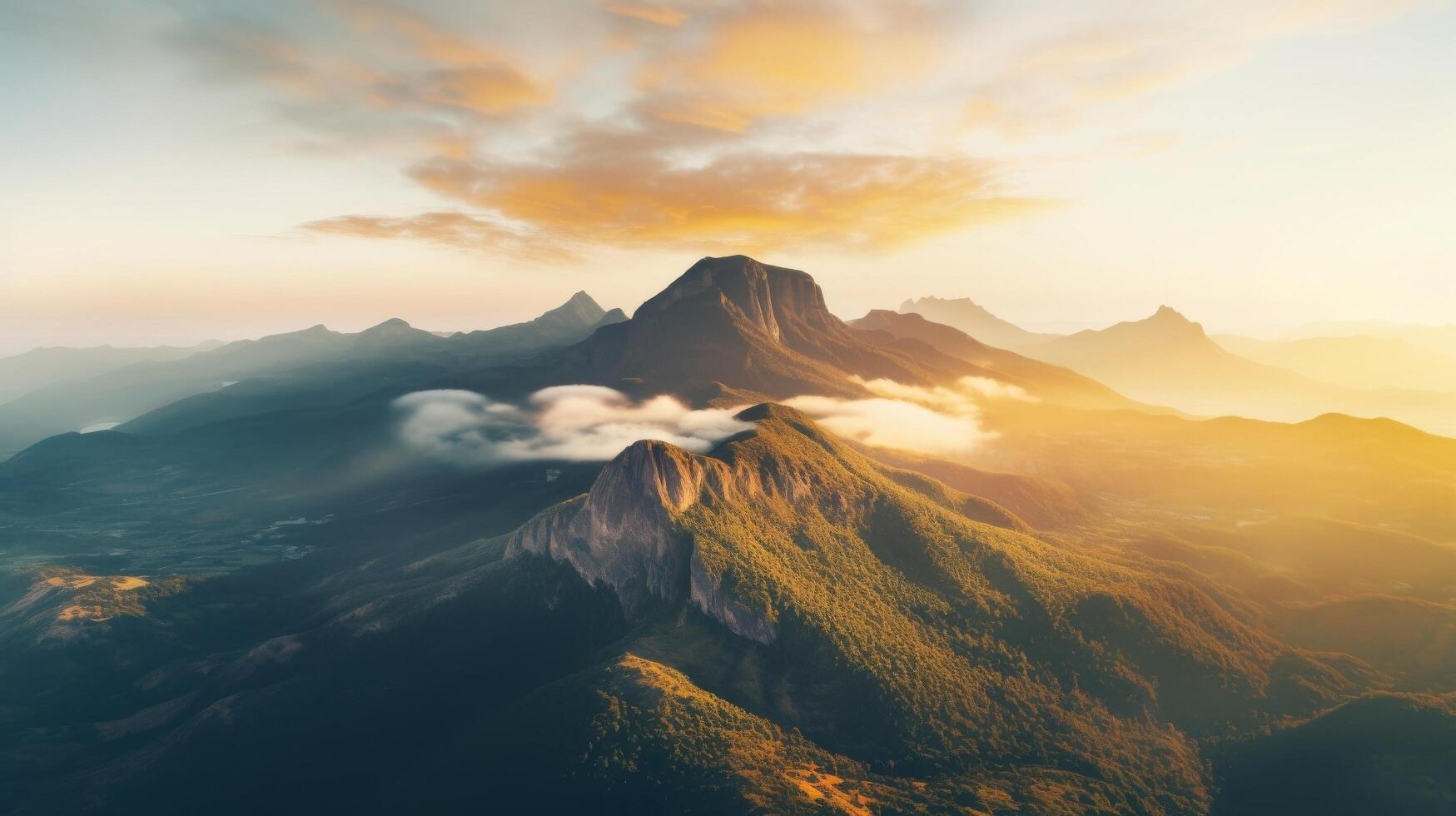 AI generated Sunshine on a mountain range from a birds perspective photo