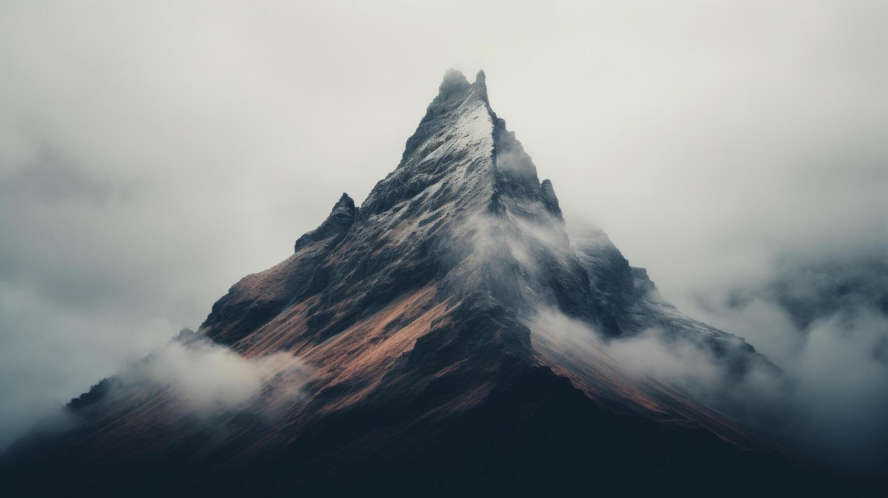 ai generado un surrealista Disparo de un brumoso montaña pico foto