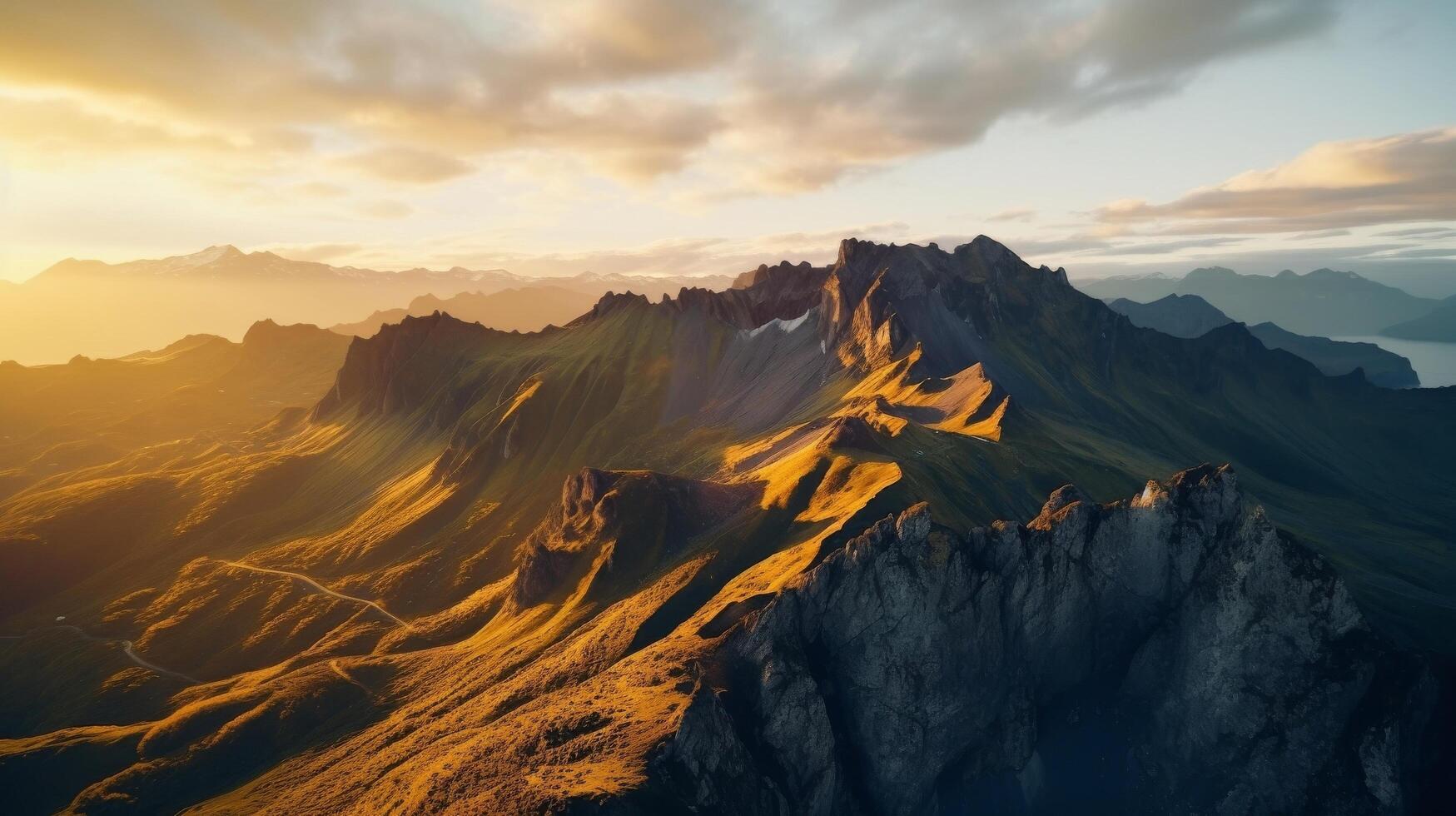 AI generated Mountain range bathed in golden light seen from above photo