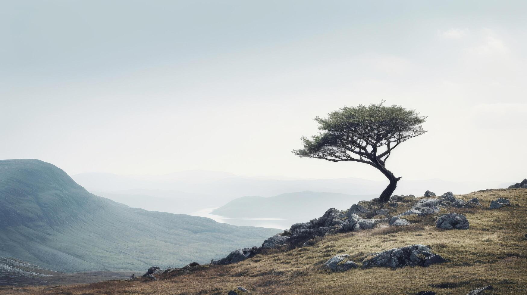 AI generated Minimalist shot of a solitary tree on a mountain ridge photo