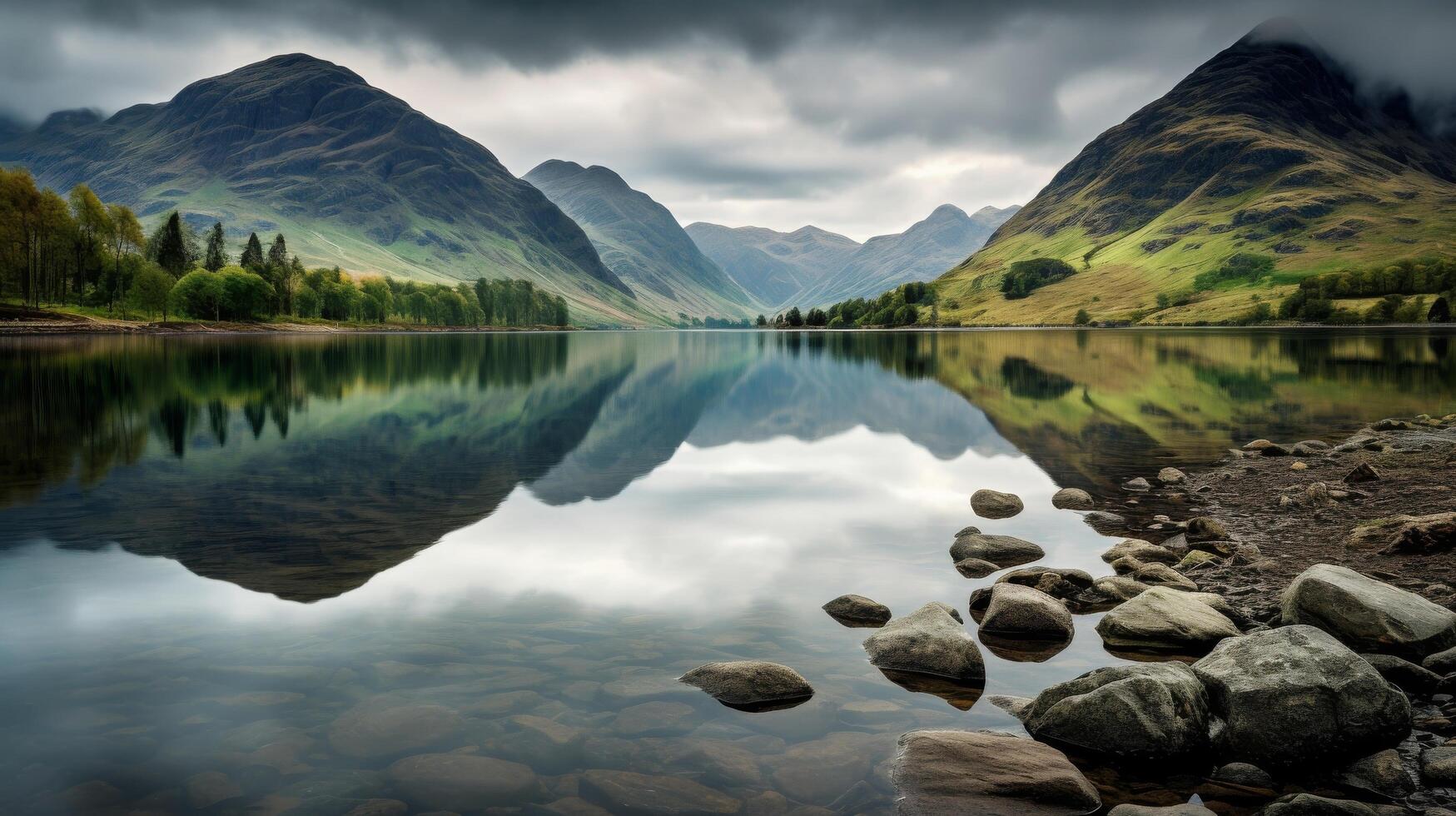 AI generated Mountain lake reflections of towering peaks under blue sky photo