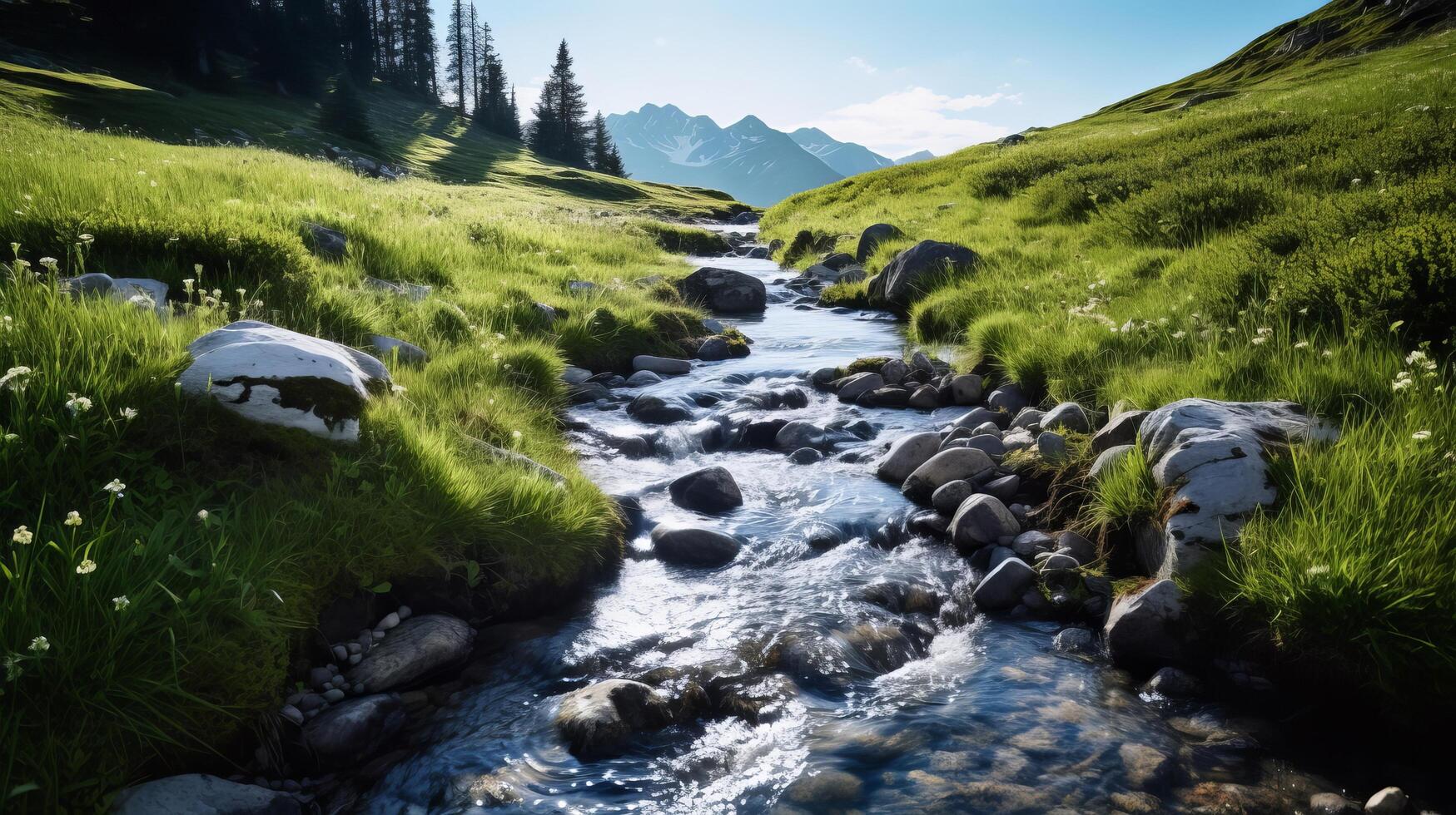 AI generated Mountain meadow with a clear stream and green grass photo