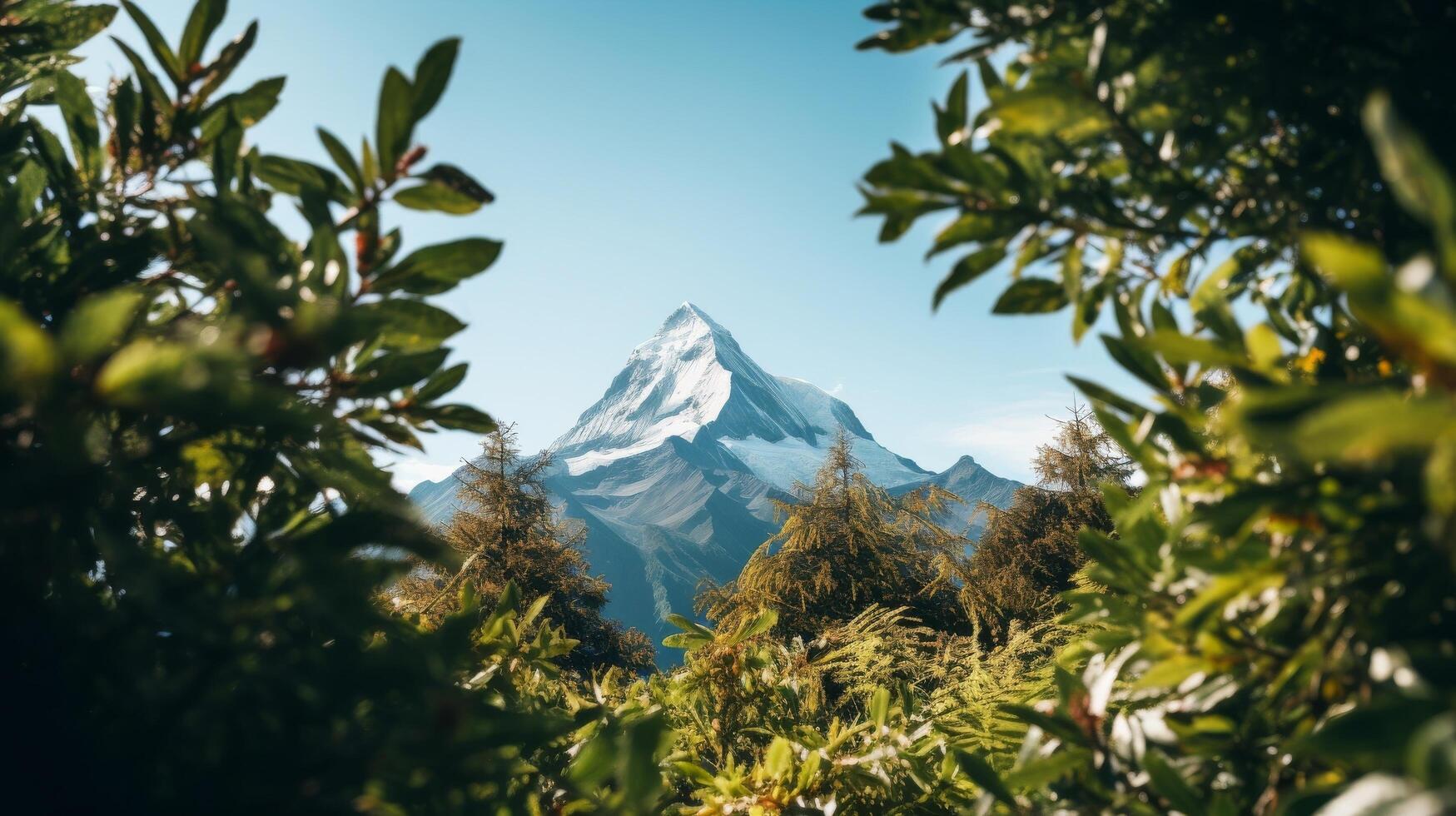 AI generated Natural rock arch and mountain peak in the background photo