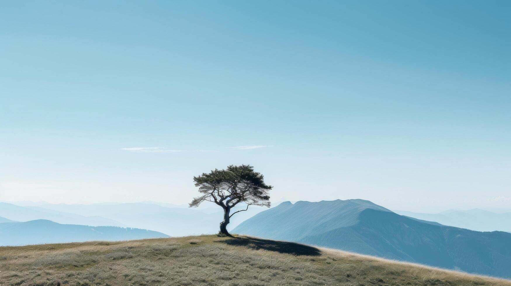 AI generated Solitary tree and a mountain ridge  a minimalist view photo