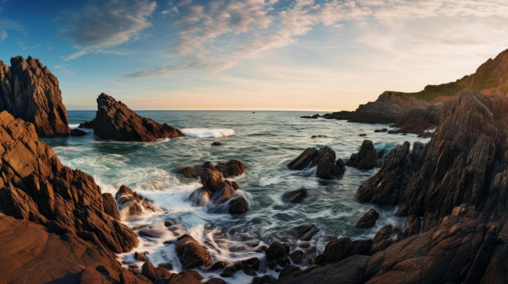 AI generated Panoramic view of a rocky coastline photo