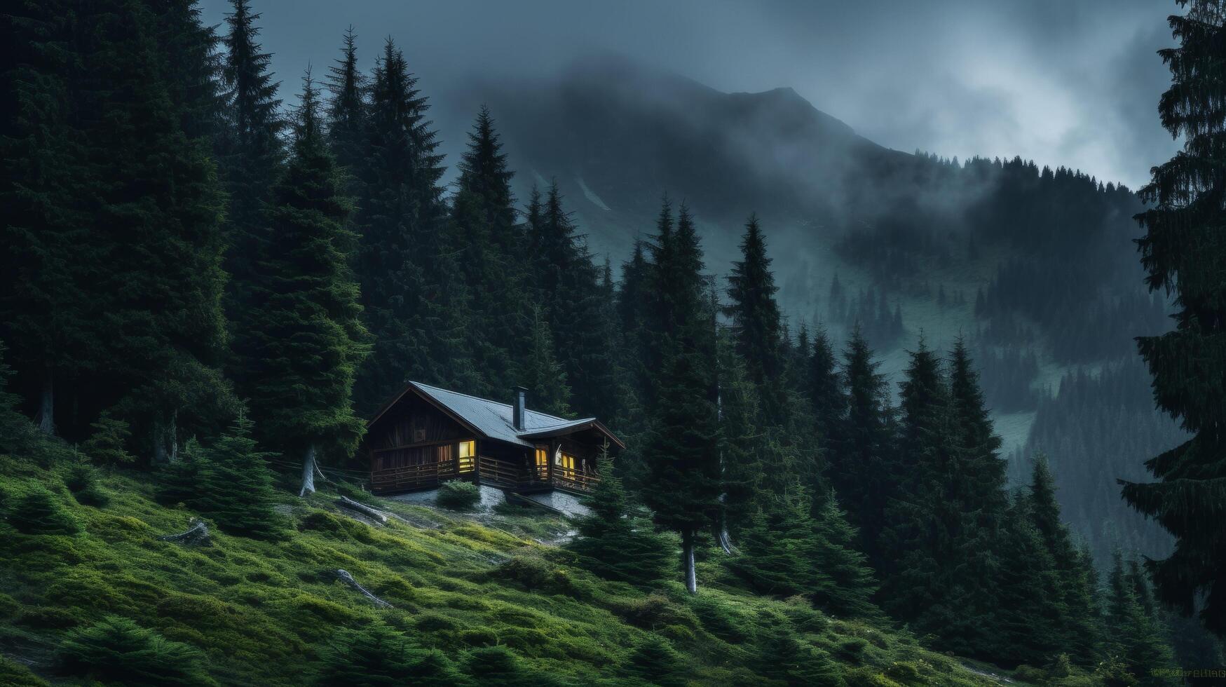 AI generated Mountain hut and fir trees with snow and sunlight photo