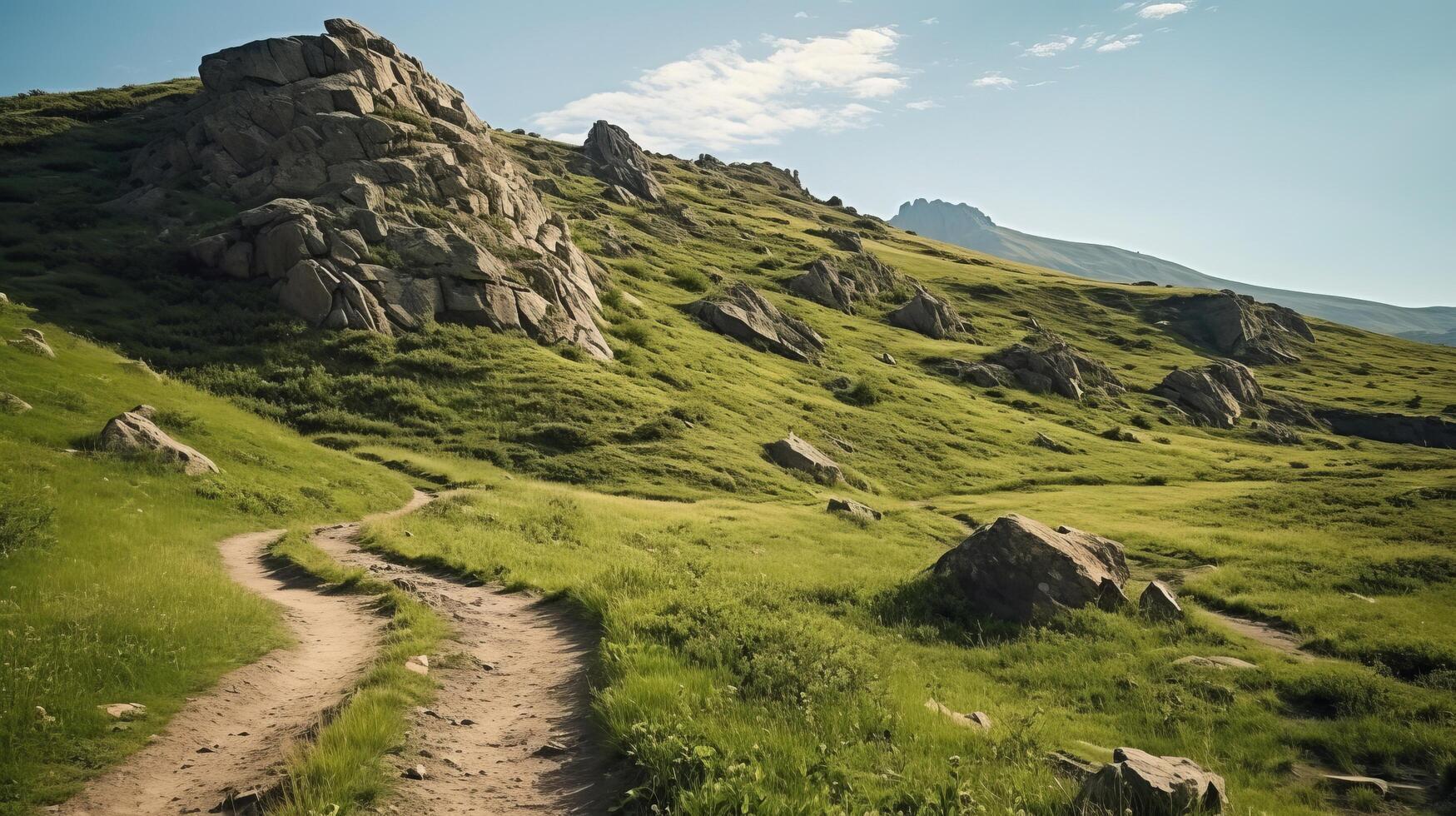 AI generated Hiking on the serpentine trail with a mysterious view photo