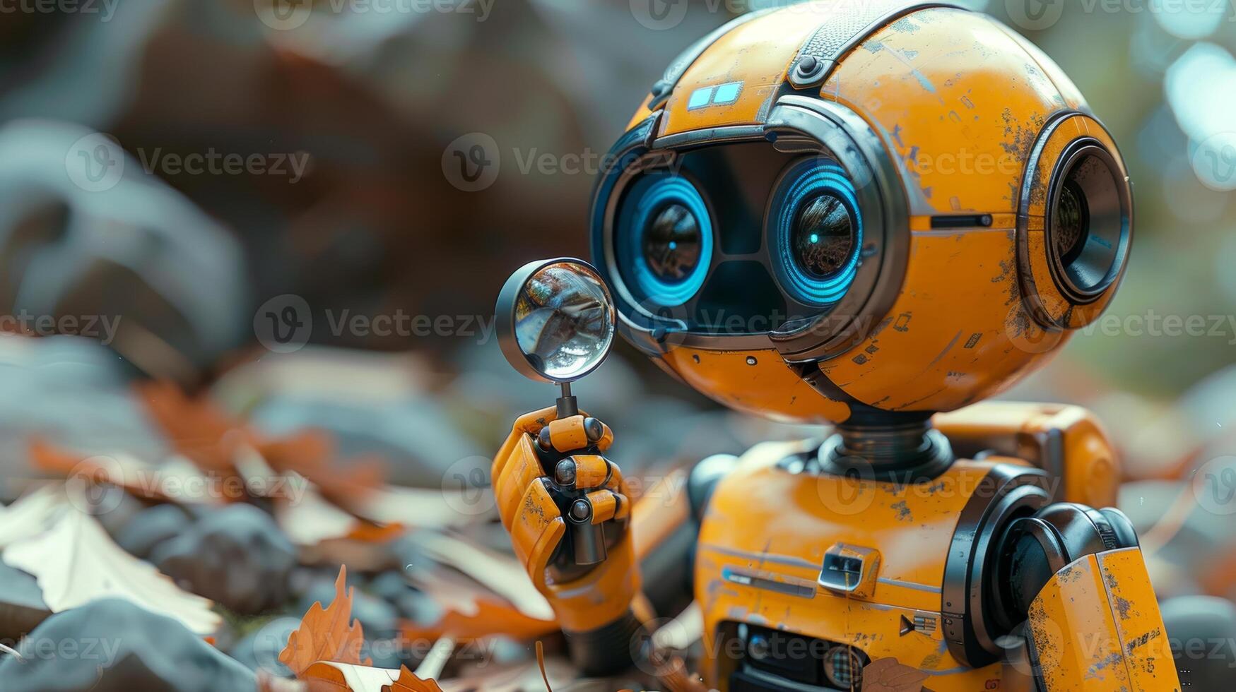 AI Generated An illustration of a robot looking out from a corner poster pointing at the banner holding a magnifying glass technology fiction science future cute little sale 3D design vector photo
