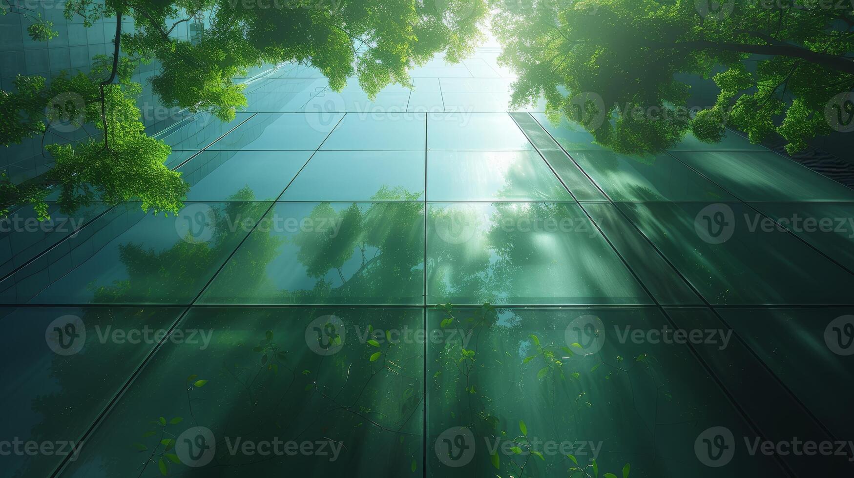 AI Generated In the modern city, an eco-friendly building with green tree branches and an energy-efficient glass structure. Office building with a green environment. The Go Green concept. photo