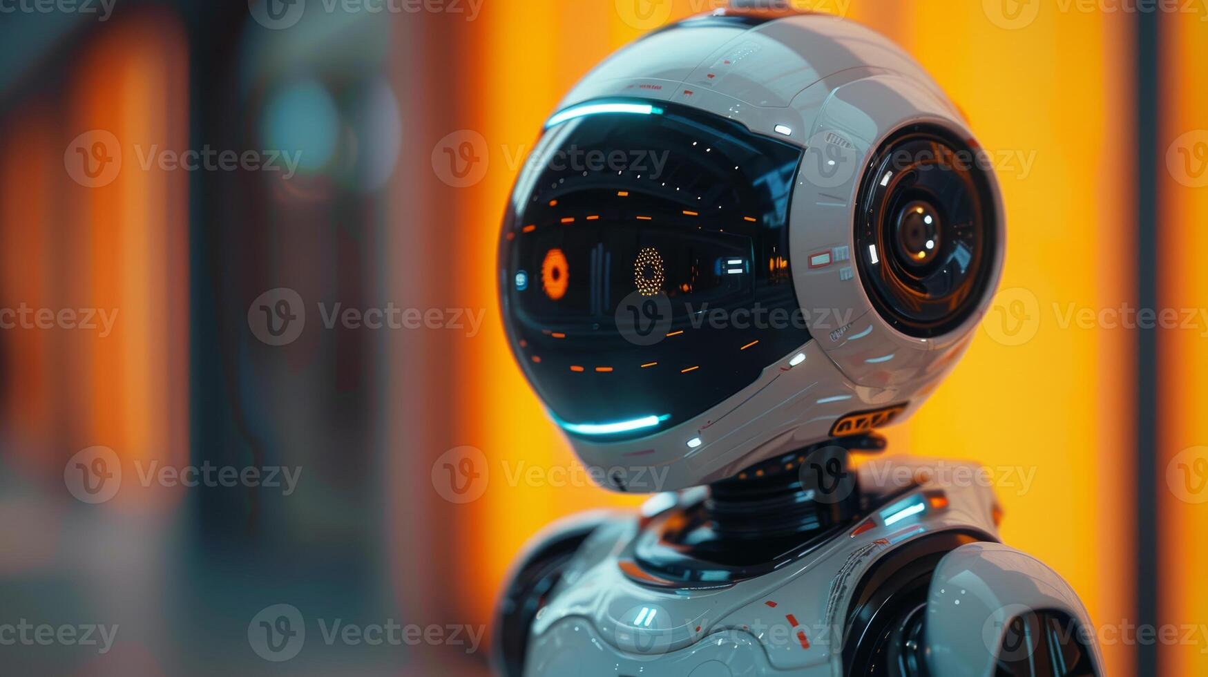AI Generated A robotic robot with an USB flash drive. A data storage and robotic technology concept, a fun toy character with a black helmet head. A copy space, an orange background with soft focus, a photo