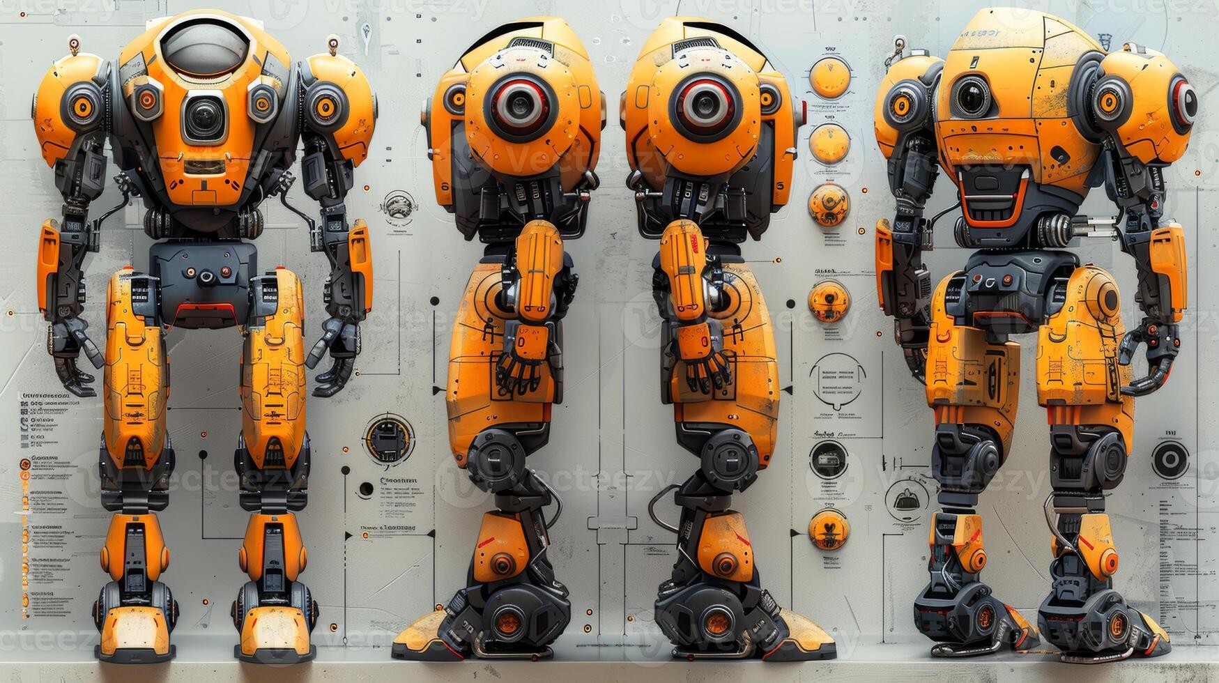 AI Generated An animation set of robots, a futuristic technology robot helper, and a cybernetic AI machine. Images of Animated Artificial Intelligence. Web design. Illustration isolated on a white photo