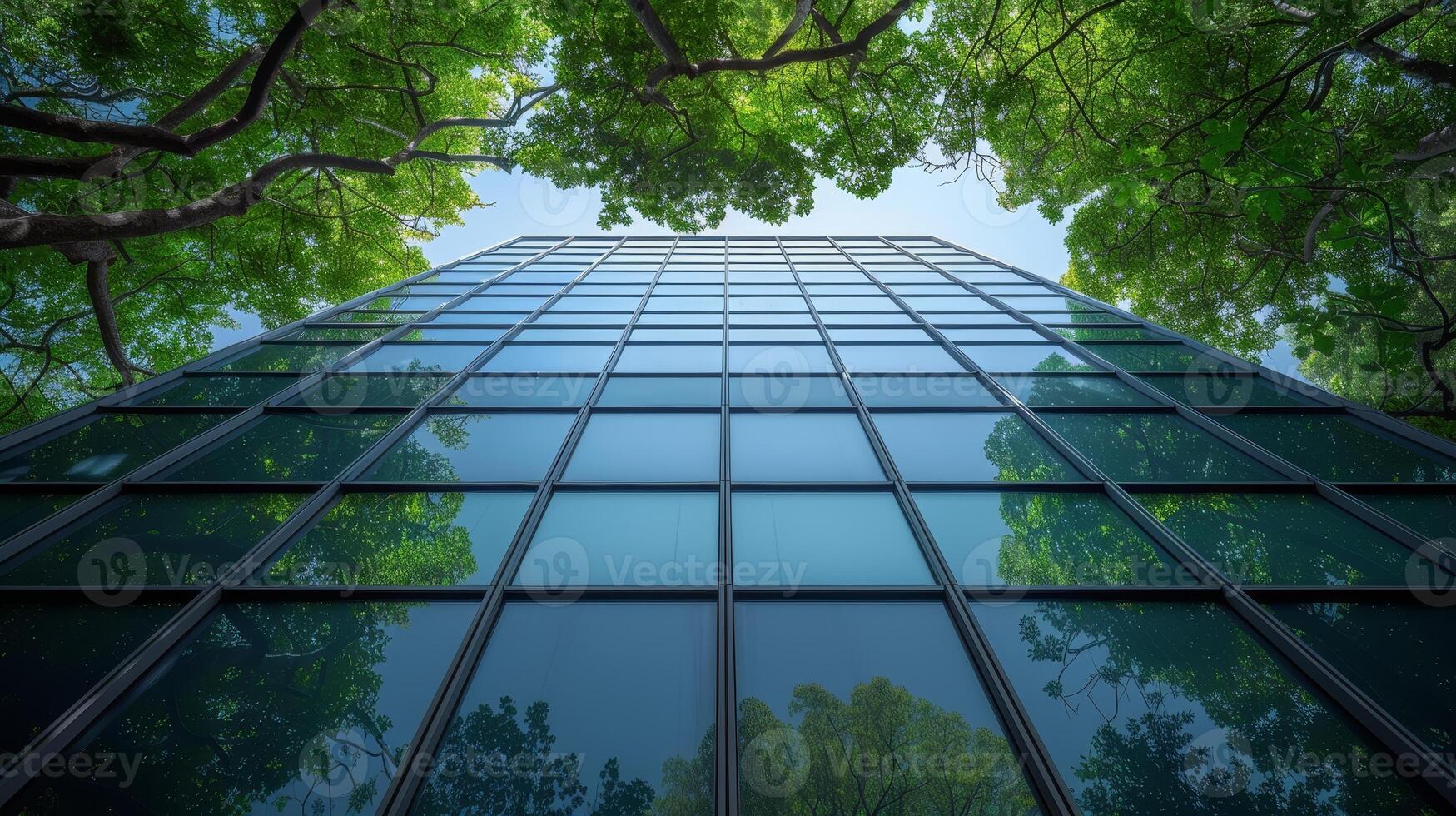 AI Generated Building with a green environment to reduce carbon dioxide. Corporate building to reduce CO2. Glass office building. photo