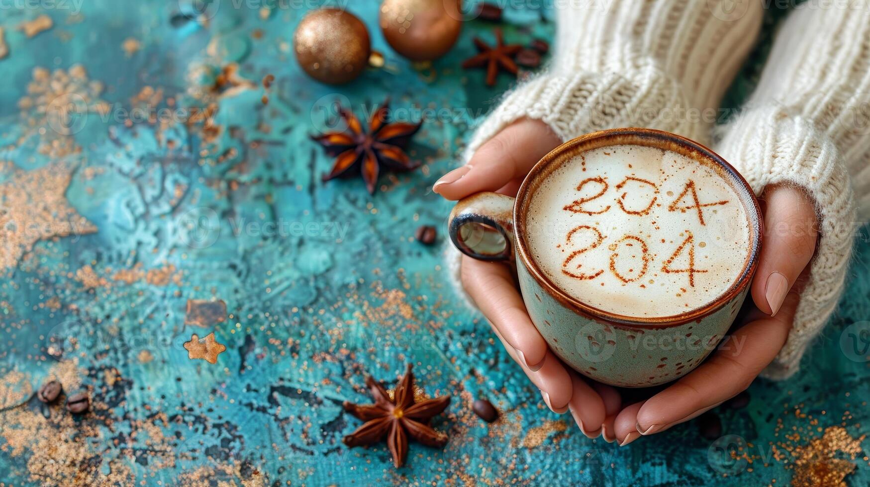 AI Generated In celebration of the new year 2024, a coffee cup with the number 2024 on frothy surface is held by a woman over a rustic blue background, while another has stars on its surface. photo