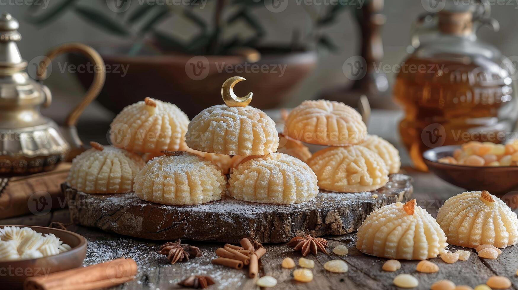 AI Generated Assorted semolina maamoul or mamoul cookies, awameh or lokma with dallah and crescent moon in ramadan decor. Traditional arabic sweets for Eid al Adha, Eid al Fitr, and Ramadan. photo