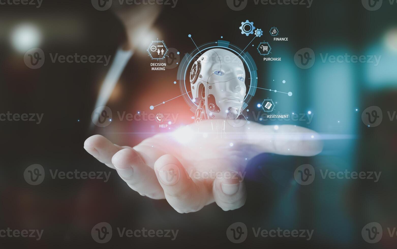 business man holding a mobile phone Showcasing technology from Artificial Intelligence, cutting-edge holographic graphics extend beyond the screen. Business data analysis assistant technology concept photo