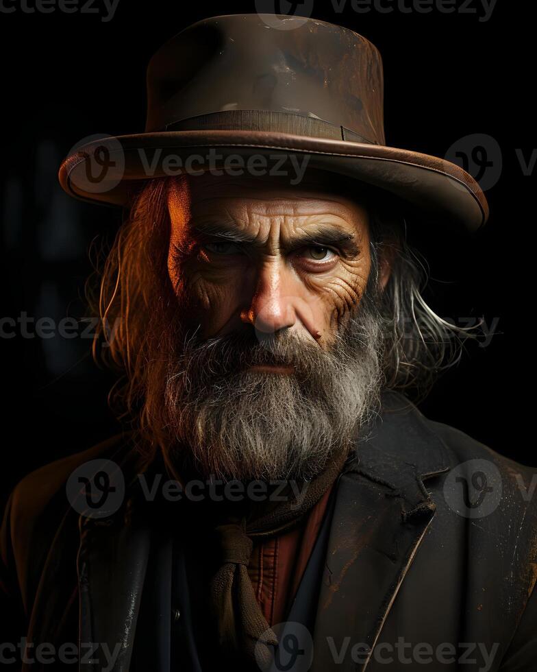 AI generated Portrait of a Bearded Old Cowboy Wearing a Hat against a Dark Background. Wild Western Man. Generative Ai photo