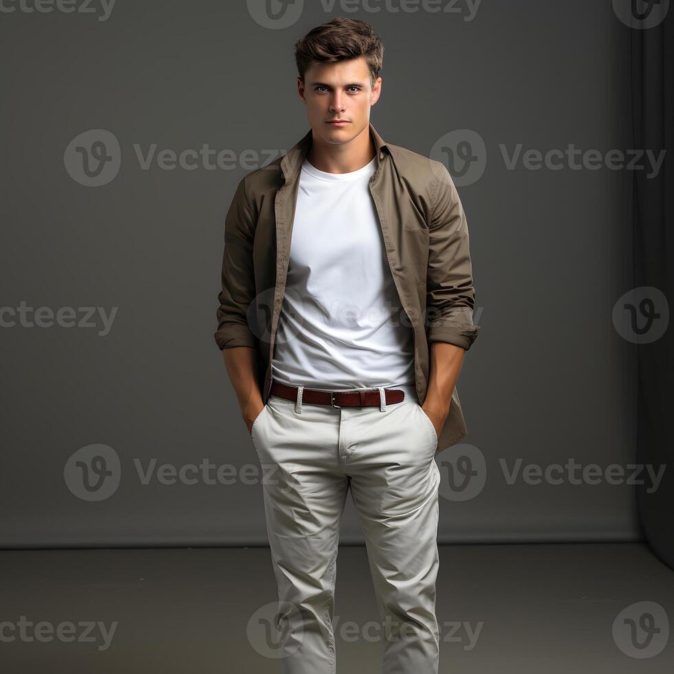 ai generado hombre en casual gris camisa y pantalones, posando con manos en pantalones bolsillos en estudio antecedentes. masculino modelo. generativo ai foto