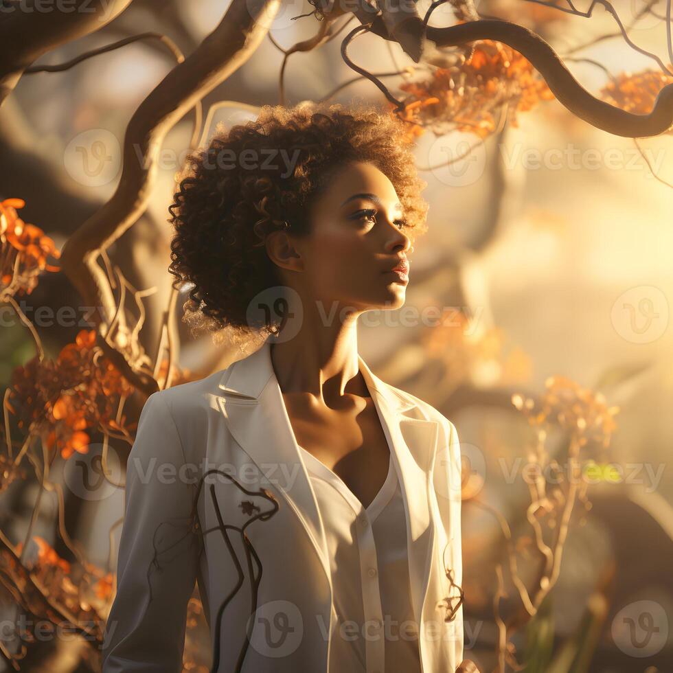 AI generated Portrait of an African Female Doctor in Uniform with Afro Hairstyle against a Tree Branch Background. Generative Ai photo