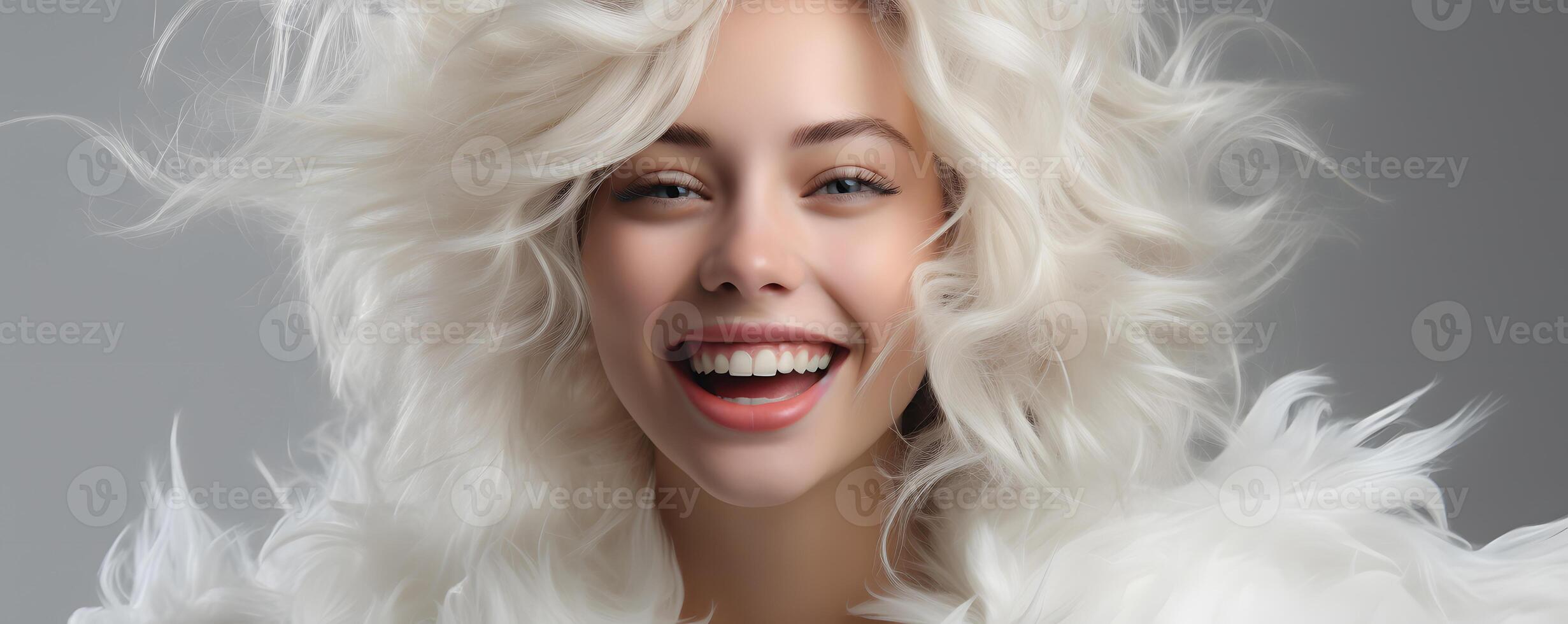 AI generated Young and Beautiful Albino Woman on a Gray Background. Female with Silver Hair. Generative Ai photo