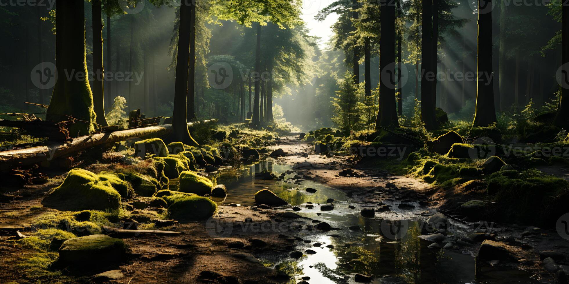 AI generated A Tranquil River in the Middle of the Forest with Penetrating Sunlight. Generative Ai photo