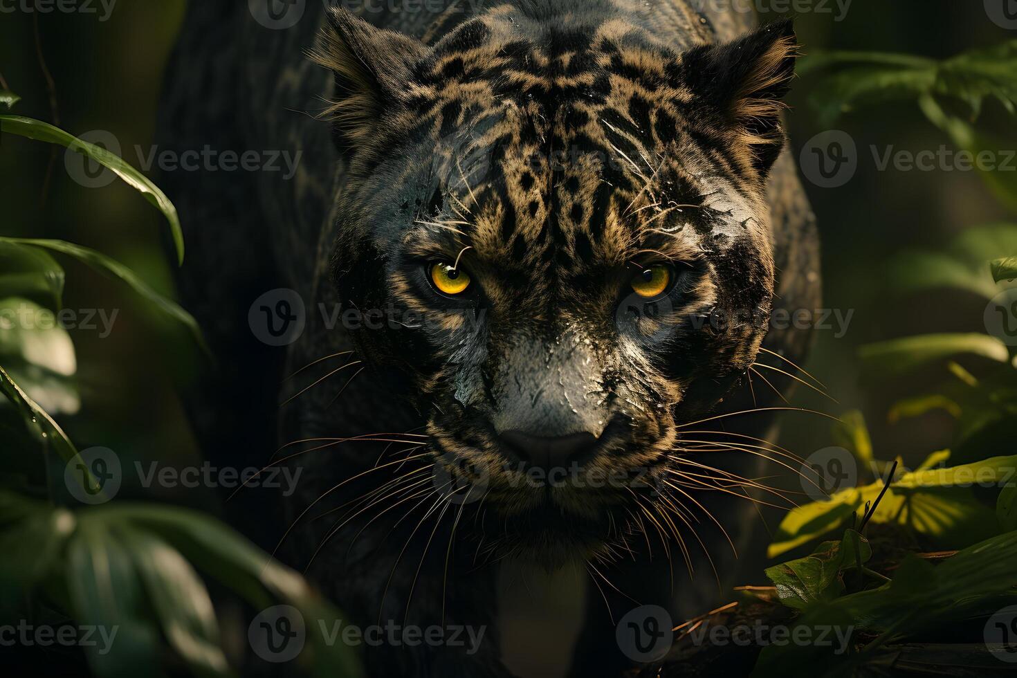 ai generado negro pantera tallos presa en el bosque. fauna silvestre fotografía. generativo ai foto