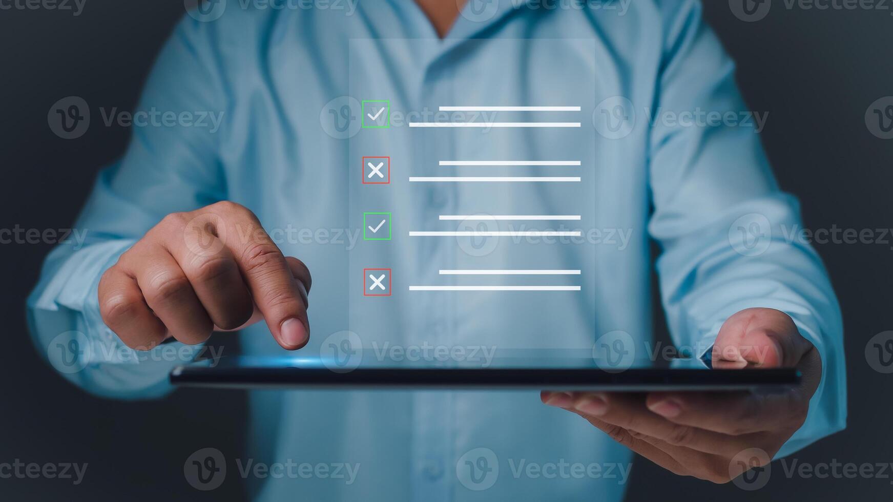 Checklist and filling survey form online. Document management system, DMS. Quality control and accuracy Check, Businessman using tablet online survey filling out, Business performance monitoring. photo